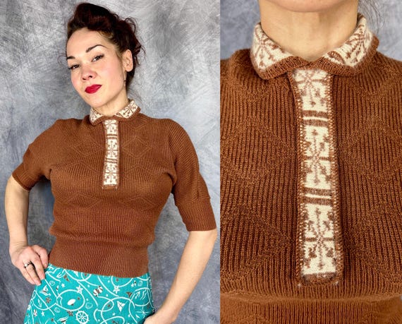 1950s Snuggle Up Snowflake Sweater | Vintage 50s Brown Wool Diamond Knit w/White Angora Accents Bombshell Knit Top | Small Medium Large