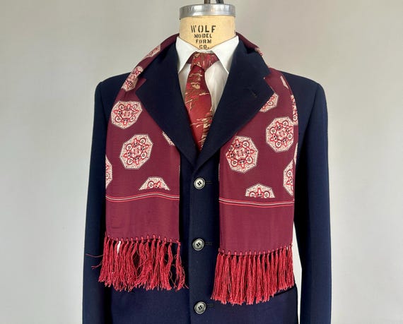 1930s Posh Peter Scarf | Vintage 30s Maroon Red Ivory and Pink Silk Crepe Wrap with Geometric Mandalas and Fringe Trim