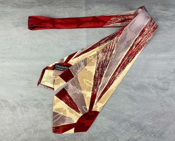 1940s Rising Sun Necktie | Vintage 40s Red Purple Pink Sun Burst Rays Rayon Satin Self Tie Cravat