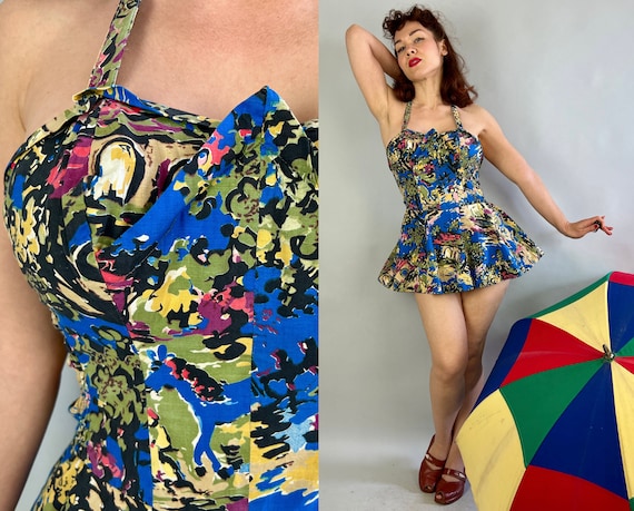 1940s Pinup Peggy Playsuit | Vintage 40s Colorful Impressionist Novelty Print Cotton Romper Swimsuit w/Halter Neck | Large Extra Large XL