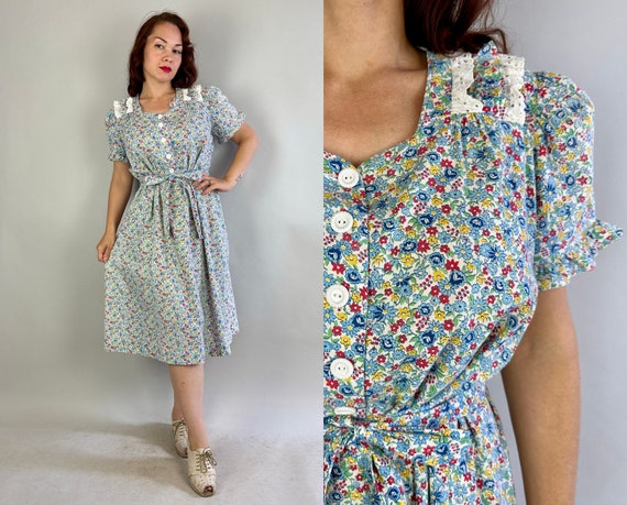 1930s Brunching Betty Dress | Vintage 30s Floral Puff Sleeve Cotton Frock in White Red Yellow and Blue with Waist Ties | Extra Large XL