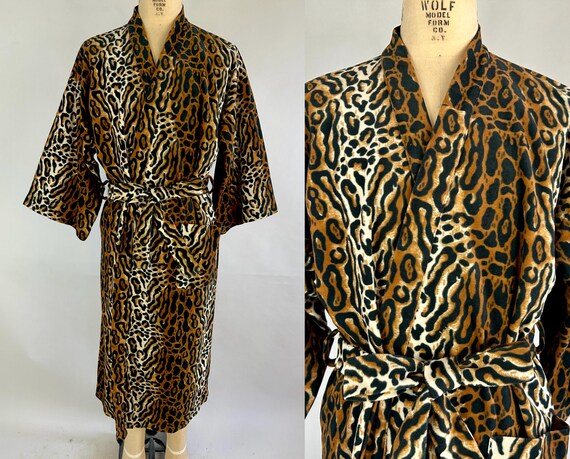 1960s Sexy Safari Robe | Vintage 60s Big Cat Leopard Animal Print Flannel Lounge Coat Coverup with Sash Belt | Medium Large