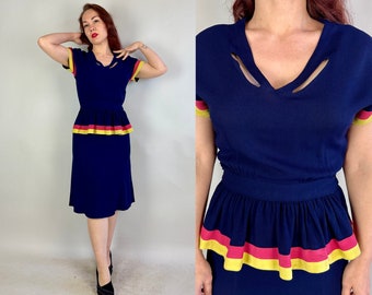 1940s Tri-Tone Temptress Dress | Vintage 40s Rayon Crepe Color Block Frock in Navy Blue Yellow and Pink w/Peplum & Cutouts | Small Medium