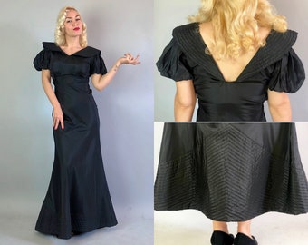 1930s Obsidian Black Rayon Gown | Vintage 30s Empire Waist Dress with Deep V Back Quilted Collar & Hem Gathered Puff Sleeves | Small