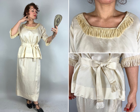 1910s Blushing Beauty Dress Ensemble | Vintage Antique Edwardian Teens Two Piece White Silk and Chenille Fringe Skirt and Blouse | Medium