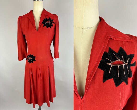 1930s Hearts on Fire Dress | Vintage 30s Lipstick Red Rayon Crepe Frock with Black Velveteen Leaf Applique by "New York Creation" | Small