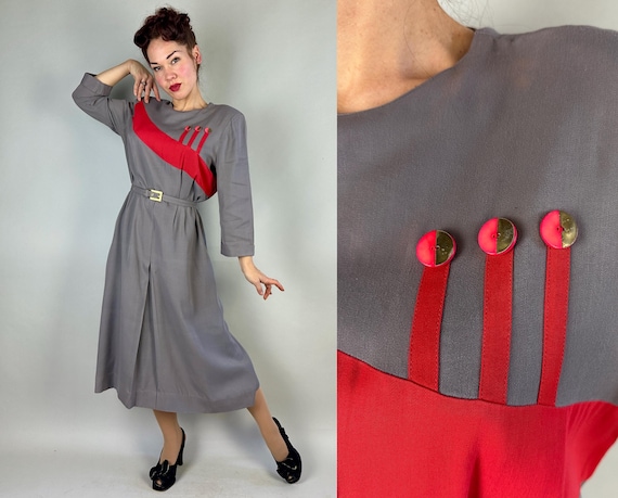 1940s Color Block Cutie Dress | Vintage 40s 2 Tone Grey + Red Rayon Gabardine Frock w/Asymmetric Stripe Belt & Button Back | Extra Large XL