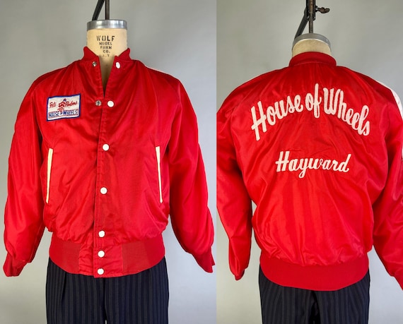 1950s House of Wheels Cherry Red Car Club Jacket | Vintage 50s Mens Sports Coat with Chain Stitch Lettering and Novelty Patch | Small