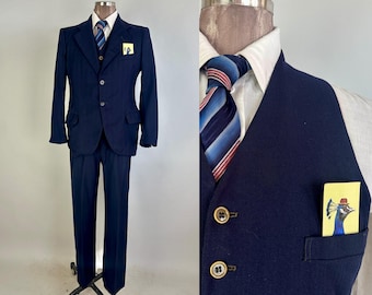 1920s Top of the Hill Three Piece Suit | Vintage Antique 20s Navy Blue Tone on Tone Stripe Wool Jacket Vest and Pants Set | Size 38 Medium