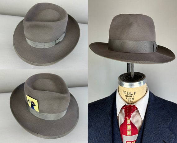 1940s Silver Fox Fedora | Vintage 40s Dove Grey Beaver Felt Hat with Grosgrain Ribbon Band & Snap Brim Edge Trim by Brent | Size 7 1/4 Large