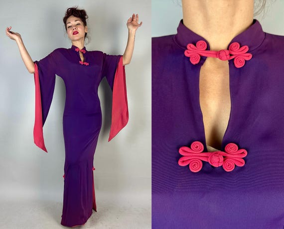 1940s Passion in Paradise Purple Pake Muu Gown | Vintage 40s Rayon 2 Tone w/Pink Hawaiian Goddess Dress w/Extra Long Peak Sleeves | Large