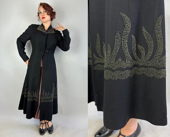 1930s Soutache Sophistication Coat | Vintage 30s Noir Black Wool Crepe Deco Jacket with Flame Soutache and Frog Clasp | Small Extra Small XS