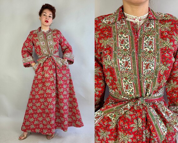 1940s Happy Hostess Gown | Vintage 40s Cotton Paisley Seersucker House Dress in Red Green White Yellow w/ Front Zip | Large Extra Large XL