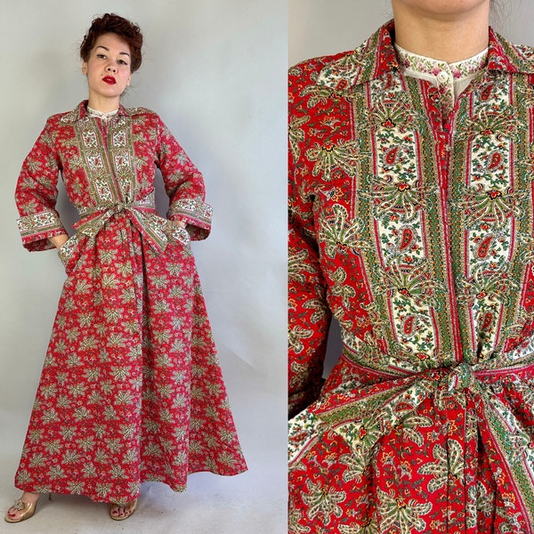 1940s Happy Hostess Gown | Vintage 40s Cotton Paisley Seersucker House Dress in Red Green White Yellow w/ Front Zip | Large Extra Large XL