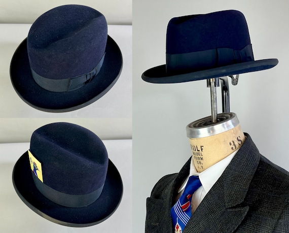 1940s Starlight Stetson Homburg | Vintage 40s Midnight Blue Fedora Hat with Black Silk Grosgrain Band and Brim | Size 7 Medium