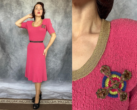 1940s Passionate Pop of Pink Knit Dress | Vintage 40s Nubby Wool Boucle Knitwear Frock w/Gold Trim & Arty Embellishment | Small Med Large XL