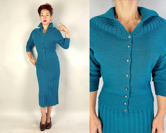 1950s Tantalizing Teal Knit Dress Set | Vintage 50s Teal Blue Boucle Wool Cardigan Sweater Top w/ Rhinestone Buttons & Skirt | Medium Large