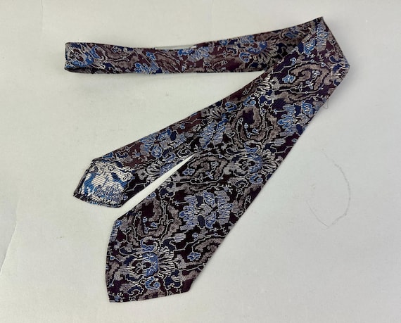 1930s Frosted Florals Necktie | Vintage 30s Deadstock Icy Blue White and Purple Flower Rayon Brocade Self Tie Cravat
