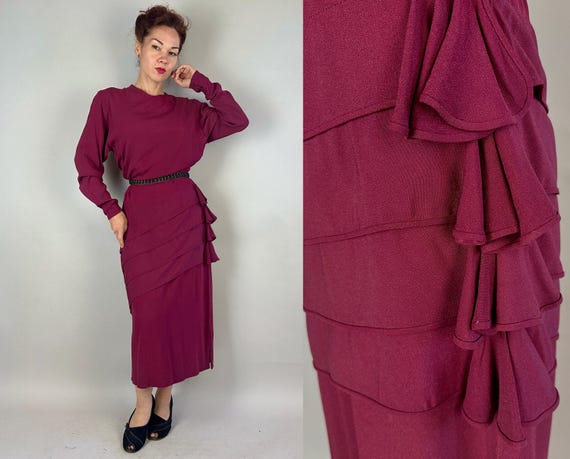1940s Rita's Raspberry Ruffled Rhumba Dress | Vintage 40s Rayon Crepe Cocktail Frock with 4 Tier Peplum and Ruffle Hip Swag | Extra Large XL