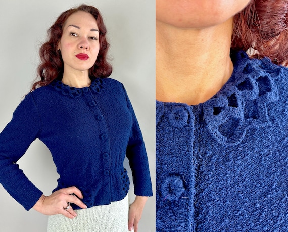 1950s Never Go Wrong Navy Knit Cardigan | Vintage 50s Blue Wool Boucle Peplum Cardigan Sweater w/Lattice Lace Details | Small Medium Large