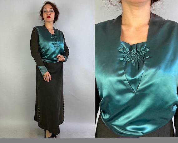 1910s Shimmering Sarah Dress | Vintage Antique Edwardian Teens Dark Olive Green Wool Frock with Contrasting Teal Satin Accents | Large