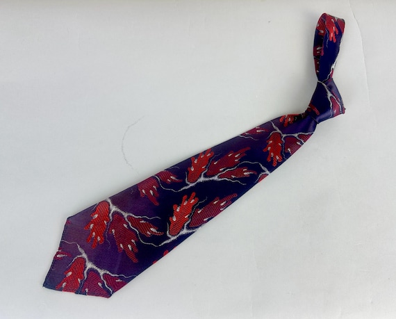 1930s Under the Sea Necktie | Vintage 30s Navy Blue Red Pink and Silver Silk Brocade Self Tie Cravat with Coral Reef Motif