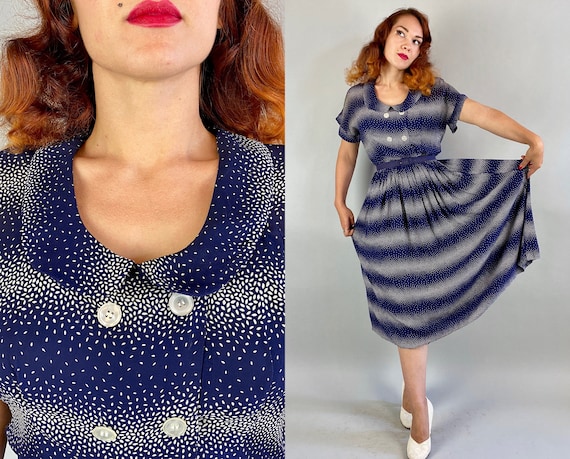 1940s Lucky Raining Rice Dress | Vintage 40s Navy Blue Semi Sheer Rayon with White Horizontal Stripe Grain Pattern & Double Buttons | Large