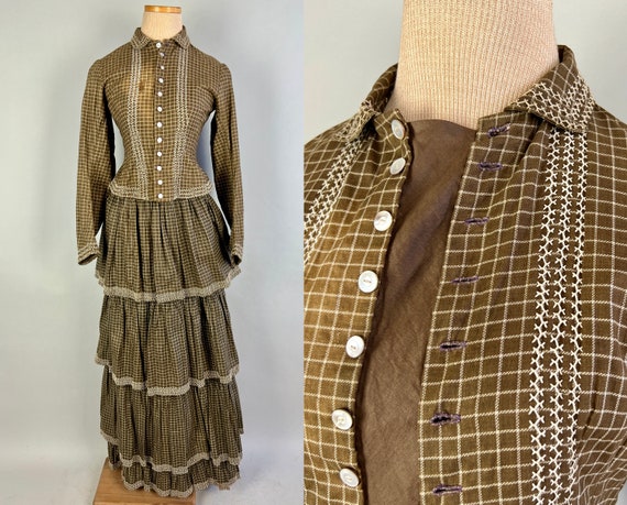 1800s Country Crafts Dress Set | Vintage Antique Victorian Olive Brown & White Windowpane Plaid Cotton Bodice + Skirt | Small Extra Small XS