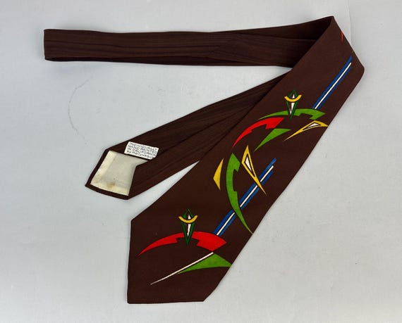 1940s Graphically Great Necktie | Vintage 40s Brown Silk with Red Green Yellow Blue & White Abstract Moderne Graphic Designs Self Tie Cravat
