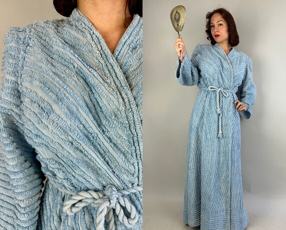 1940s Signature Chenille Dressing Gown | Vintage 40s Powder Blue Fuzzy Thumbprint Stripes Coverup Robe w/Bell Cuffs | Large Extra Large XL