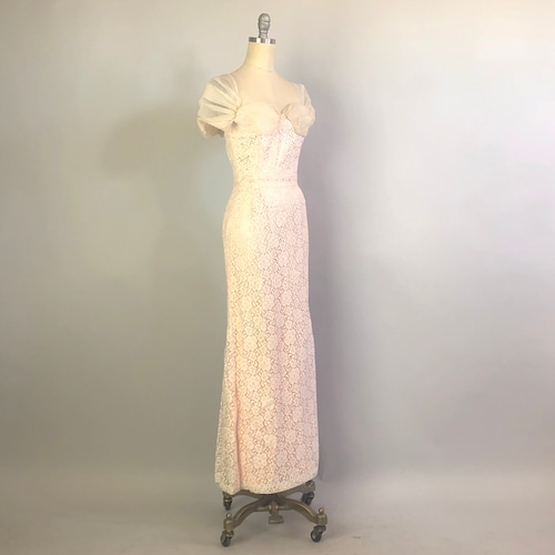 1940s Dainty Floral Lace Gown shops | Vintage 40s Day to Night Cream Linen Lace & Pink Silk Satin Garden Party or Evening Dress | XS Extra Small