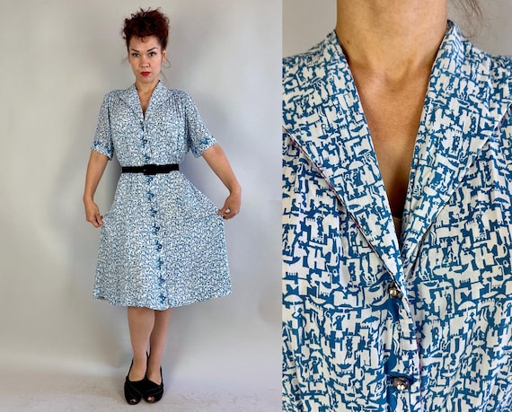 1940s Step in Time Dress | Vintage 40s Blue and White Rayon Chiffon Umbrella Floating Silhouettes Novelty Print Frock | Extra Large XL