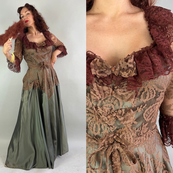 1940s Romance on the High Seas Gown | Vintage 40s Sage Green Rayon Satin & Mahogany Brown Lace 18th Century Inspired Evening Dress | Medium