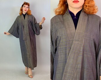 1950s Madame Butterfly Kimono | Vintage 50s Mid Century Midnight Blue and Gold Stripes Hemp Cotton Japanese Robe Loungewear Japan