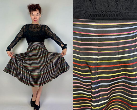1940s Rays from the Rainbow Skirt | Vintage 40s Black w/Red Yellow Purple Green Blue Pink & Silver Stripe Rayon Taffeta Full Skirt | Medium