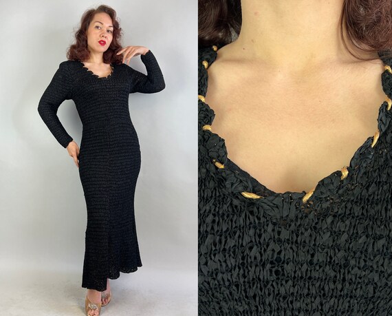 1940s Form Fit Frannie Dress | Vintage 40s Black Ribbon Knit Curve Hugging Gown with Gold Twined Neckline | Medium Large Extra Large XL