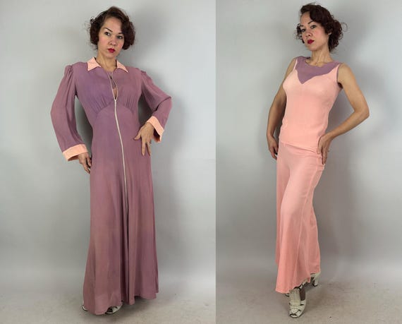 1930s Lounging Lady Three Piece Ensemble | Vintage 30s Pink & Purple Silk Crepe Dressing Gown Shirt and Pants Lounge Beach PJs Set | Medium