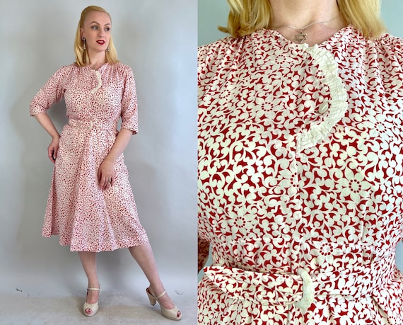 1930s Florence in Florals Dress | Vintage 30s Red & White Abstract Flowers Cotton Day Frock with Self Belt and Ruffle | Extra Large XL Volup