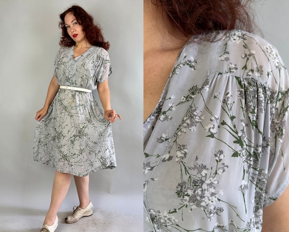 1940s Stormy Garden Dress | Vintage 40s Cloud Grey White Black and Green Floral Print Semi-Sheer Rayon Chiffon Frock | Extra Large XL