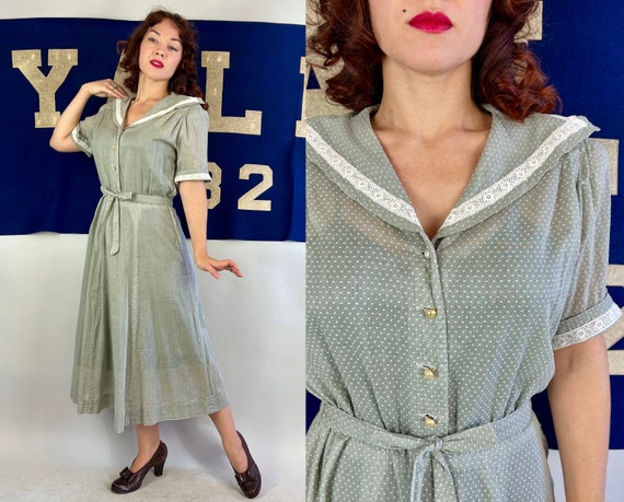 1940s Dashing Dots Dress | Vintage 40s Grey and White Swiss Dot Cotton Voile Frock with Lace Trim and Padded Shoulders | Extra Large XL
