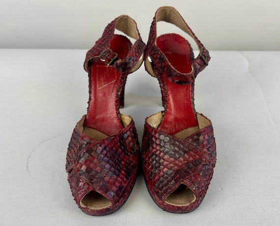 1940s Dragon Lady Shoes | Vintage 40s Red and Black Snakeskin Leather Peep Toe High Heel Ankle Strap Pumps | Size US 8