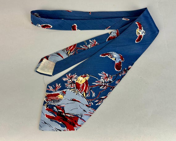 1940s For the Birds Necktie | Vintage 40s Blue Red and Yellow Picturesque Quail Print Silk Self Tie Cravat by "Wembley"