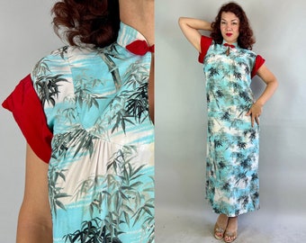 1940s Bamboo Beauty Gown | Vintage 40s Blue and White Rayon with Red Silk Accents Hawaiian Dress with Slits and Frog Closure | Small/Medium