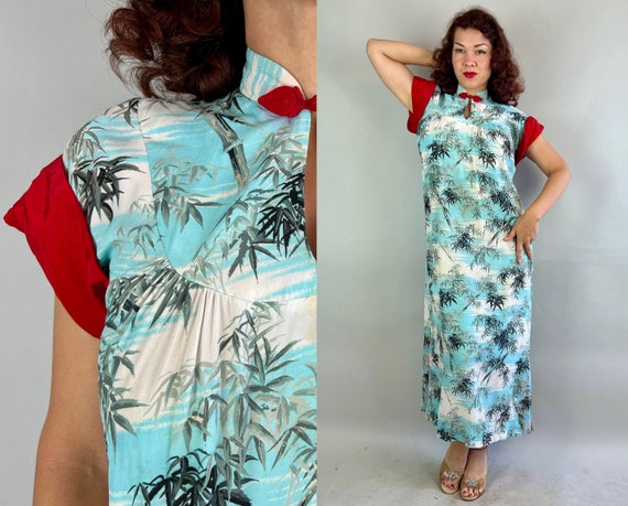 1940s Bamboo Beauty Gown | Vintage 40s Blue and White Rayon with Red Silk Accents Hawaiian Dress with Slits and Frog Closure | Small/Medium