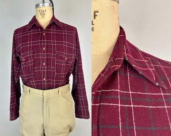 1940s Larry the Lumberjack Shirt | Vintage 40s "Pendleton" Wool Button Down in Maroon, White and Green Plaid with Pockets | Medium Large