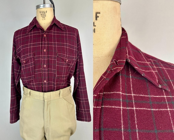 1940s Larry the Lumberjack Shirt | Vintage 40s "Pendleton" Wool Button Down in Maroon, White and Green Plaid with Pockets | Medium Large