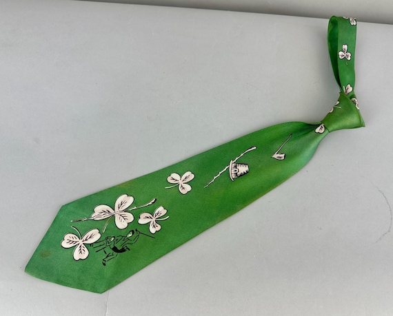 1940s Shamrock and Shillelagh Necktie | Vintage 40s Clover Green Irish Theme Rayon Self Tie Cravat Perfect for St Patrick's Day