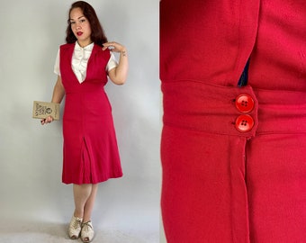 1940s Practical Polly Pinafore Dress | Vintage 40s Fire Engine Red Wool Twill Sportswear Jumper with Side Buttons + White Blouse | Medium