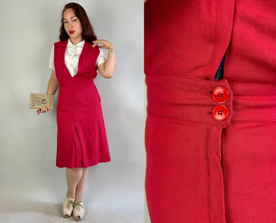 1940s Practical Polly Pinafore Dress | Vintage 40s Fire Engine Red Wool Twill Sportswear Jumper with Side Buttons + White Blouse | Medium