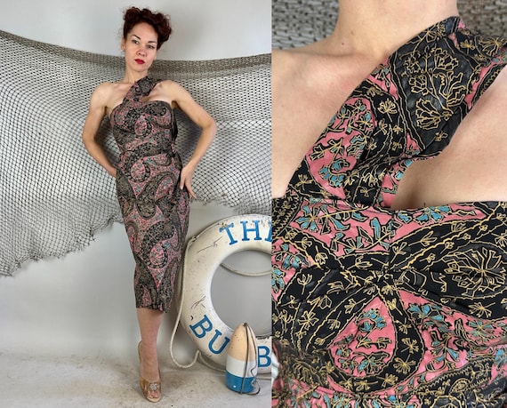 1930s Tropical Temptress Sarong Dress | Vintage 30s Black & Pink Painted Cotton Floral Paisley Tiki Sun Hawaiian Wrap Frock | Small